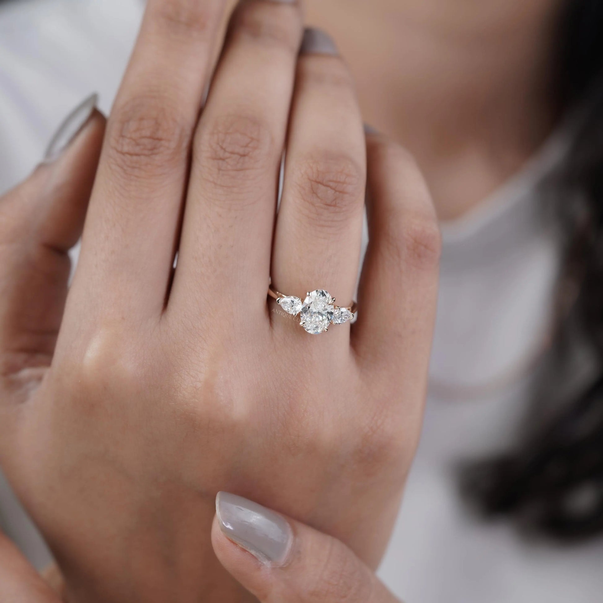 Oval Cut 2.00tcw Lab Grown Diamond Engagement Ring | Three Stone Pear Side Design | IGI Certified