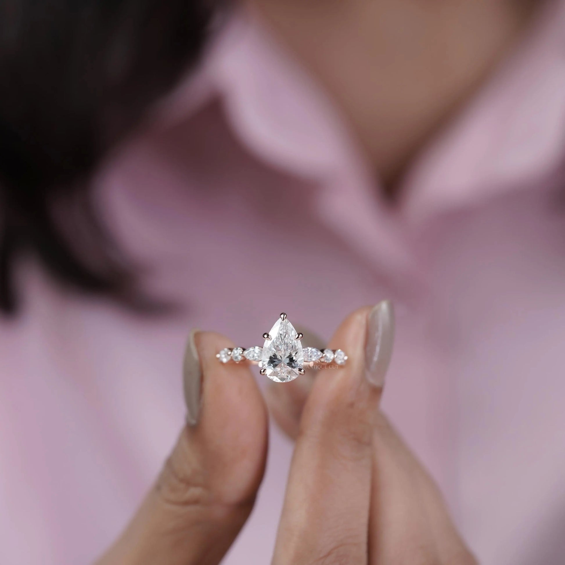 Pear 3.34tcw Lab Grown Diamond Vintage Engagement Ring | Marquise Side Stone Band | D–F Color | VVS–VS Clarity | IGI Certified