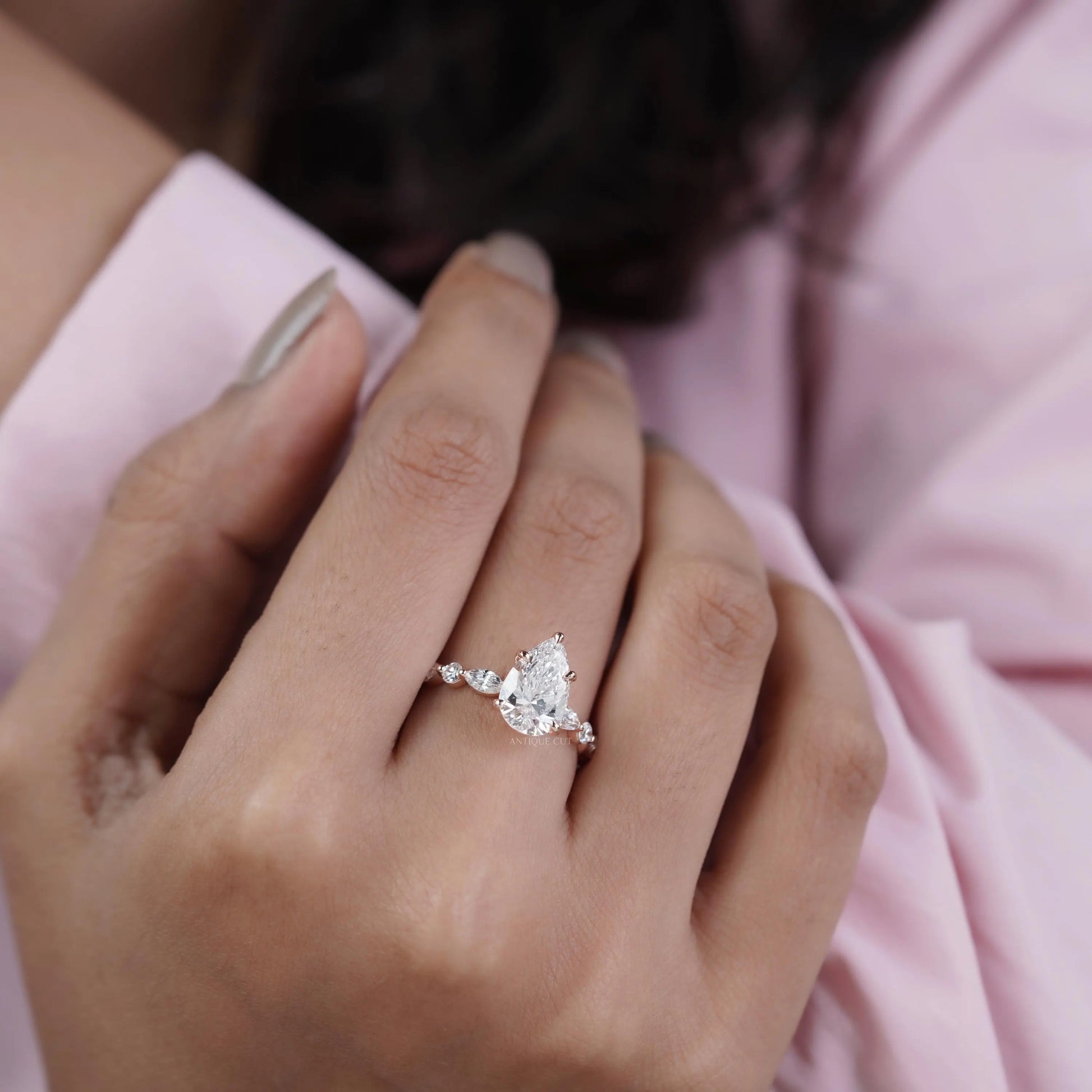 Pear 3.34tcw Lab Grown Diamond Vintage Engagement Ring | Marquise Side Stone Band | D–F Color | VVS–VS Clarity | IGI Certified