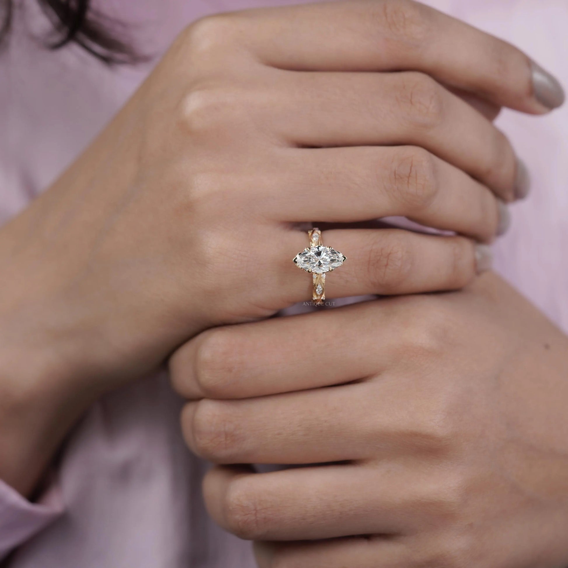 Marquise 3.16tcw Lab Grown Diamond Vintage Engagement Ring | Side Stone Antique Band | D–F Color | VVS–VS Clarity | IGI Certified