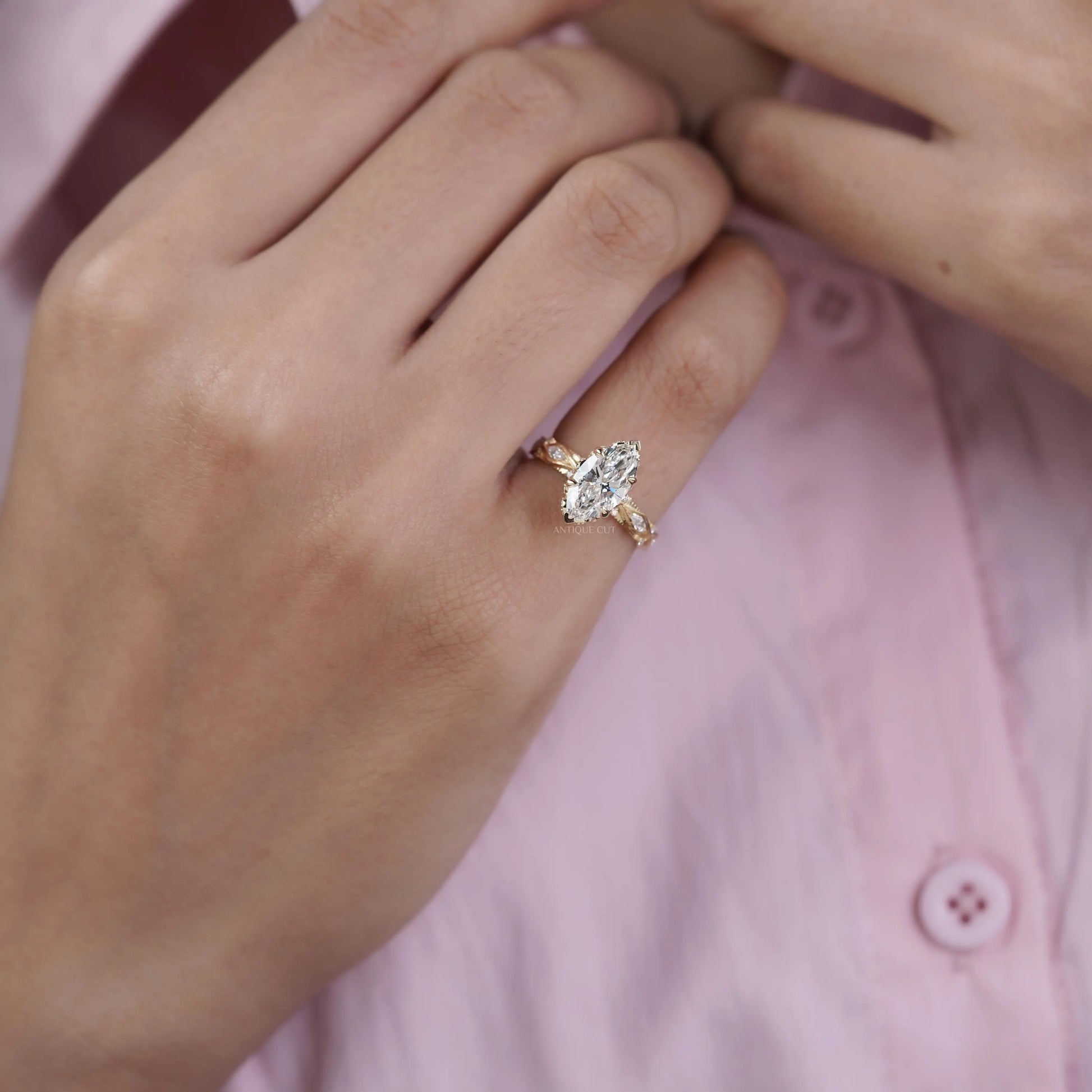 Marquise 3.16tcw Lab Grown Diamond Vintage Engagement Ring | Side Stone Antique Band | D–F Color | VVS–VS Clarity | IGI Certified