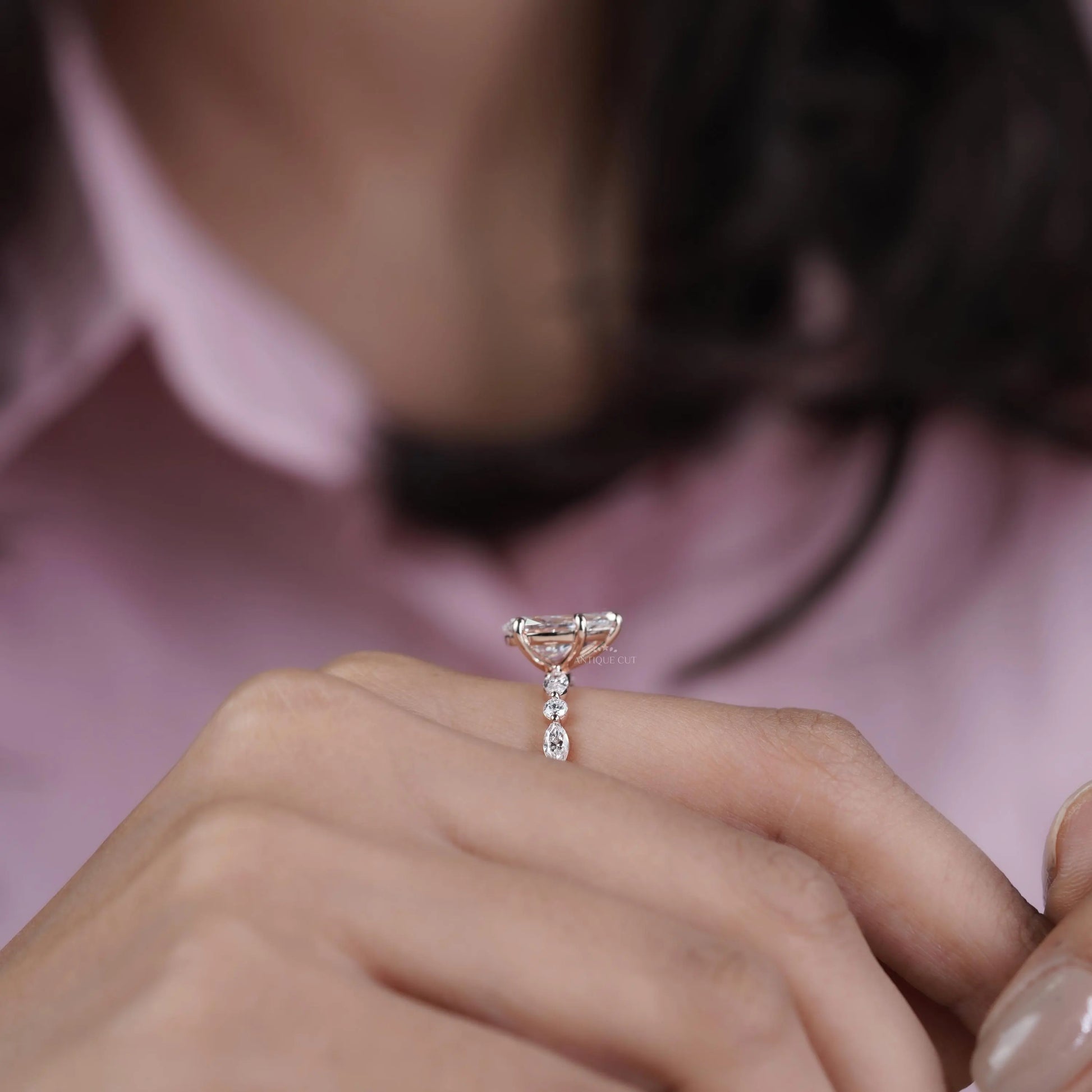 Pear 3.34tcw Lab Grown Diamond Vintage Engagement Ring | Marquise Side Stone Band | D–F Color | VVS–VS Clarity | IGI Certified