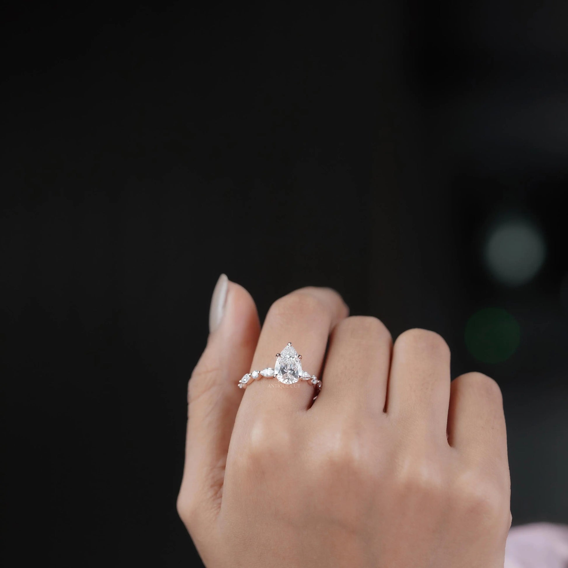 Pear 3.34tcw Lab Grown Diamond Vintage Engagement Ring | Marquise Side Stone Band | D–F Color | VVS–VS Clarity | IGI Certified