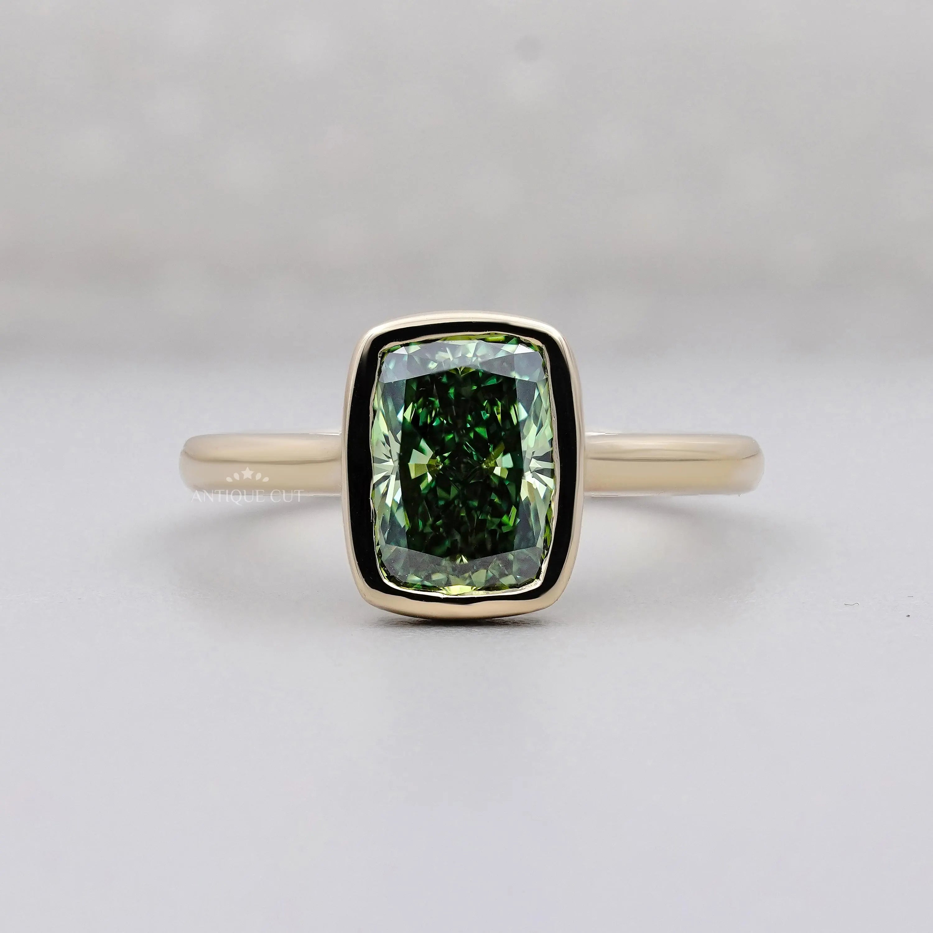 Fancy Green 2.09ct Cushion Cut Lab-Grown Diamond Bezel Ring | Solid Gold Modern Setting