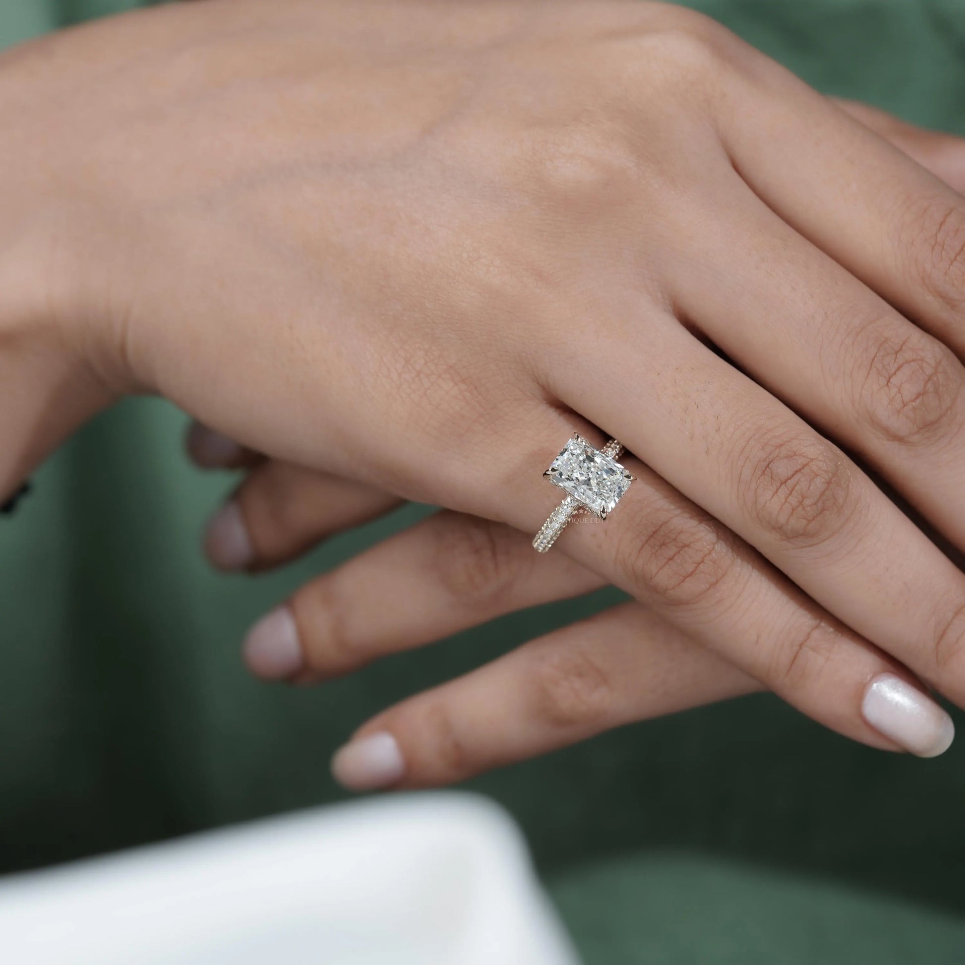 3.43tcw Emerald Lab-Grown Diamond Engagement Ring | Hidden Halo | Pave Band | Ethical Gold Ring