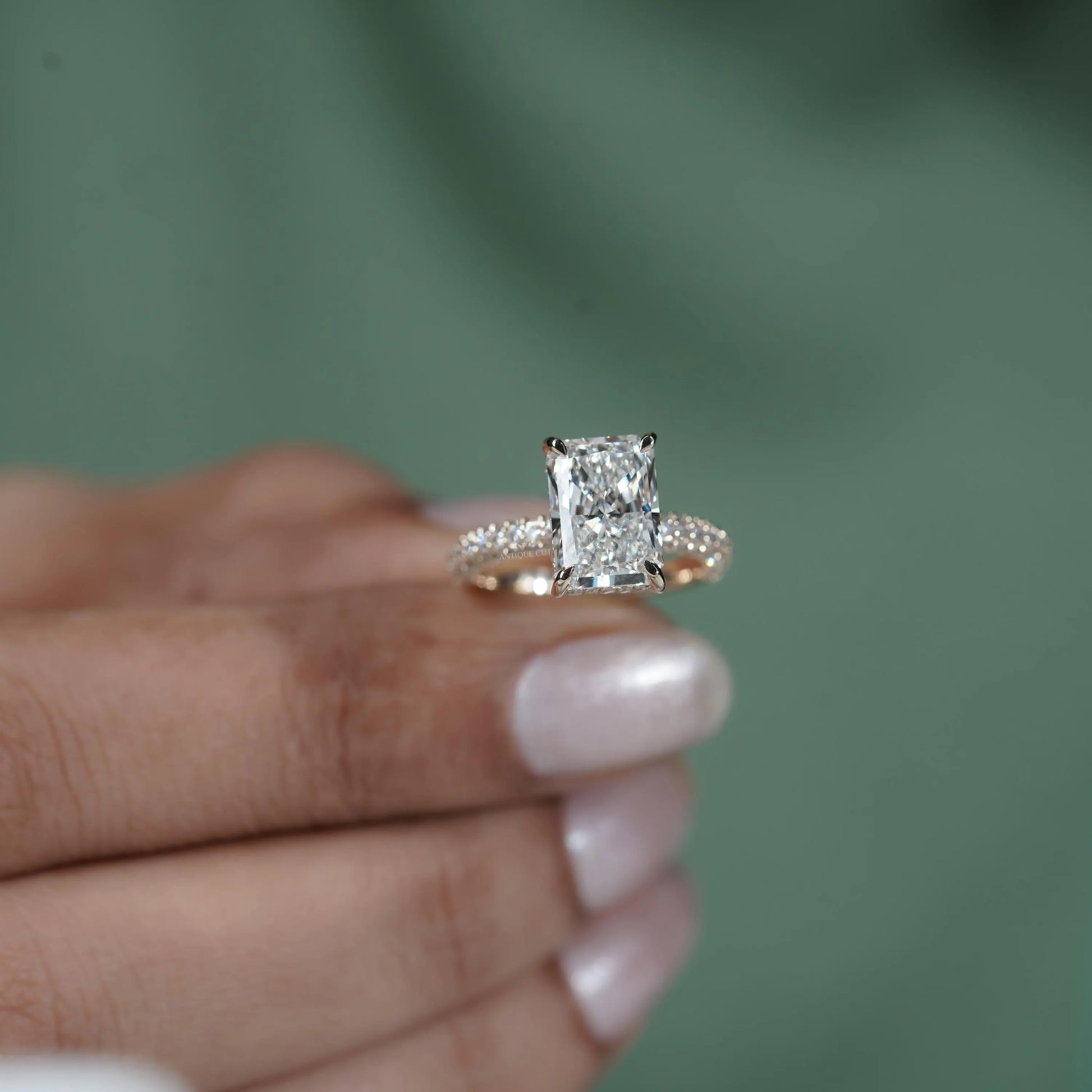 3.43tcw Emerald Lab-Grown Diamond Engagement Ring | Hidden Halo | Pave Band | Ethical Gold Ring