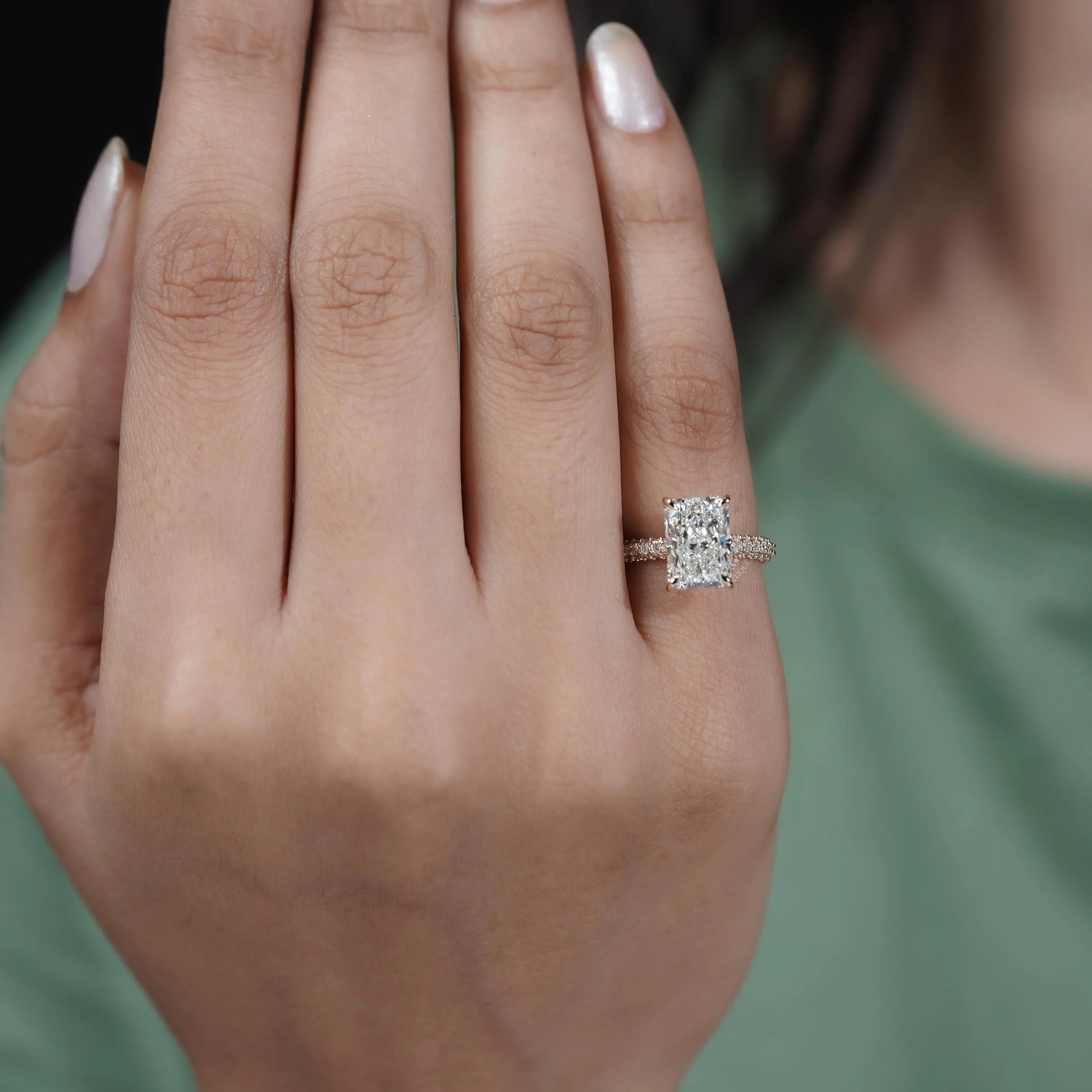 3.43tcw Emerald Lab-Grown Diamond Engagement Ring | Hidden Halo | Pave Band | Ethical Gold Ring