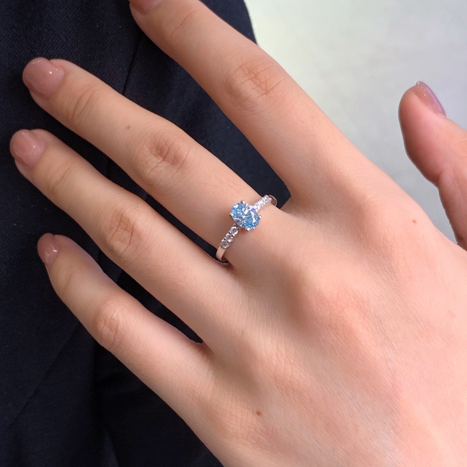 Oval Fancy Blue 1.20tcw Lab Grown Diamond Solitaire Pave Engagement Ring, EF Color, VS Clarity - IGI Certified