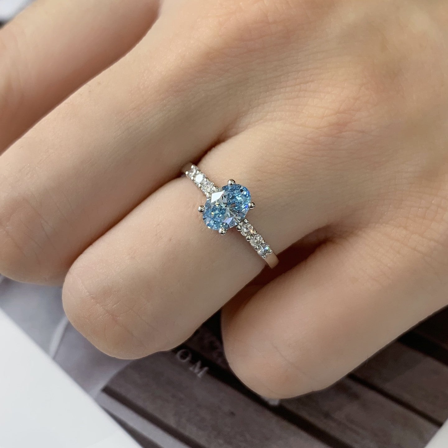 Oval Fancy Blue 1.20tcw Lab Grown Diamond Solitaire Pave Engagement Ring, EF Color, VS Clarity - IGI Certified