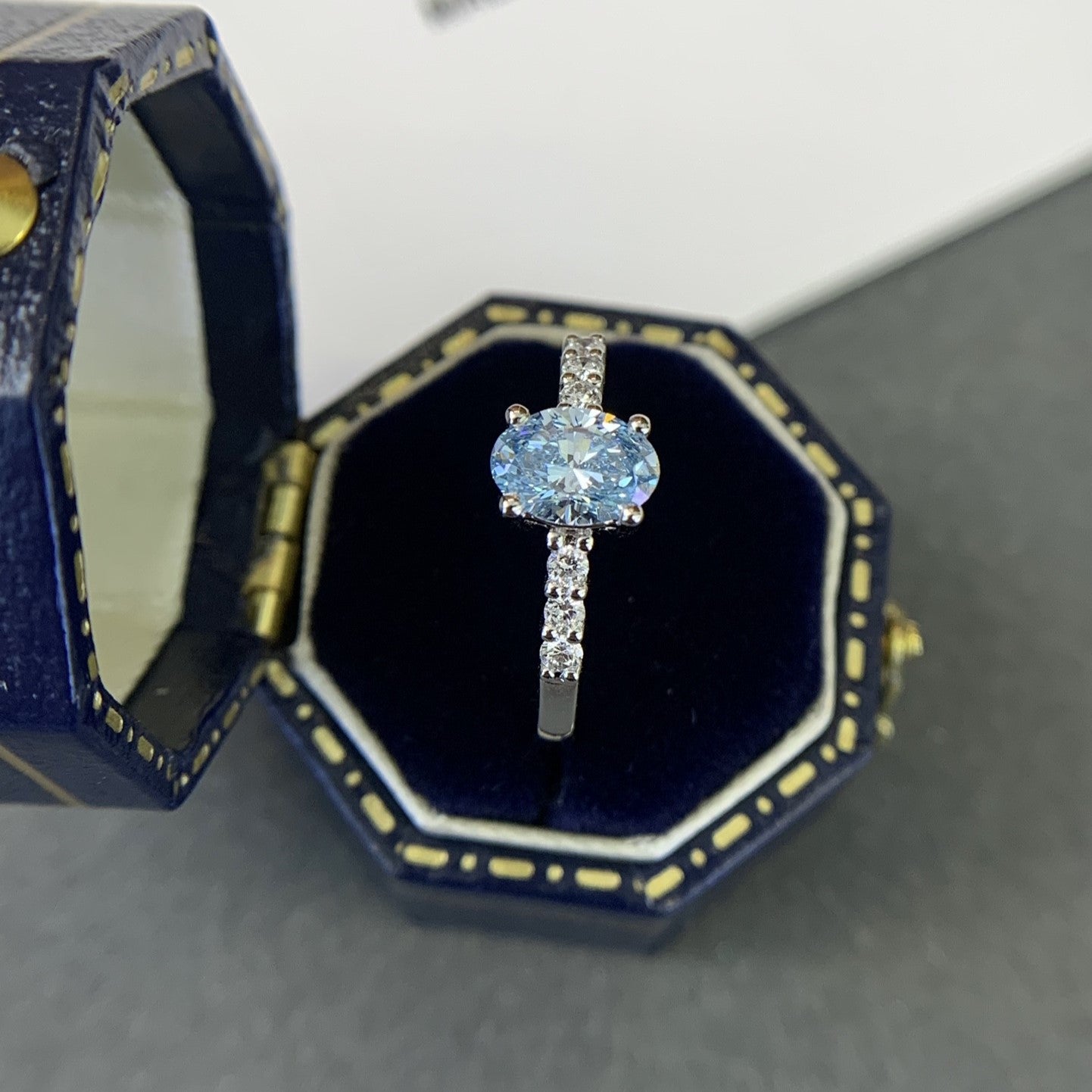 Oval Fancy Blue 1.20tcw Lab Grown Diamond Solitaire Pave Engagement Ring, EF Color, VS Clarity - IGI Certified