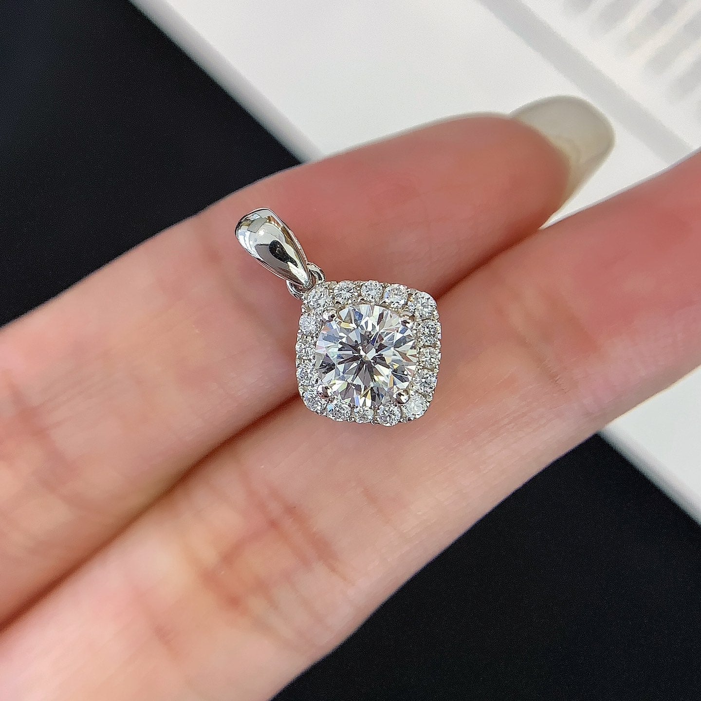 Round 0.95tcw Lab Grown Diamond Square Shape Halo Style Pendant Necklace, D-E-F Color, VVS-VS Clarity