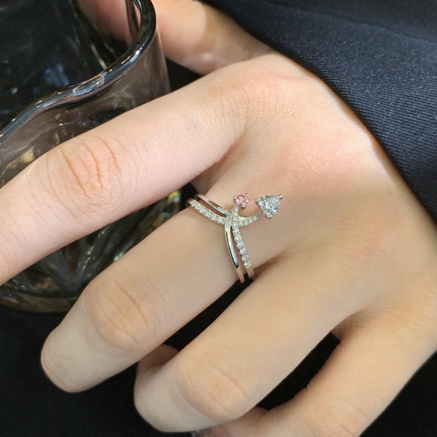 1.00tcw Heart & Fancy Round Lab Diamond Toi Et Moi Ring | Double Band | IGI Certified | White Gold