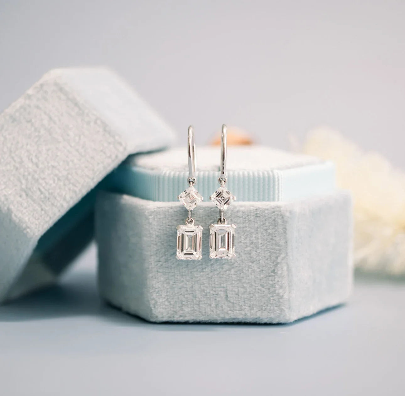 Emerald And Asscher Duet Drop Earrings, EF Color, VS Clarity, IGI Certified