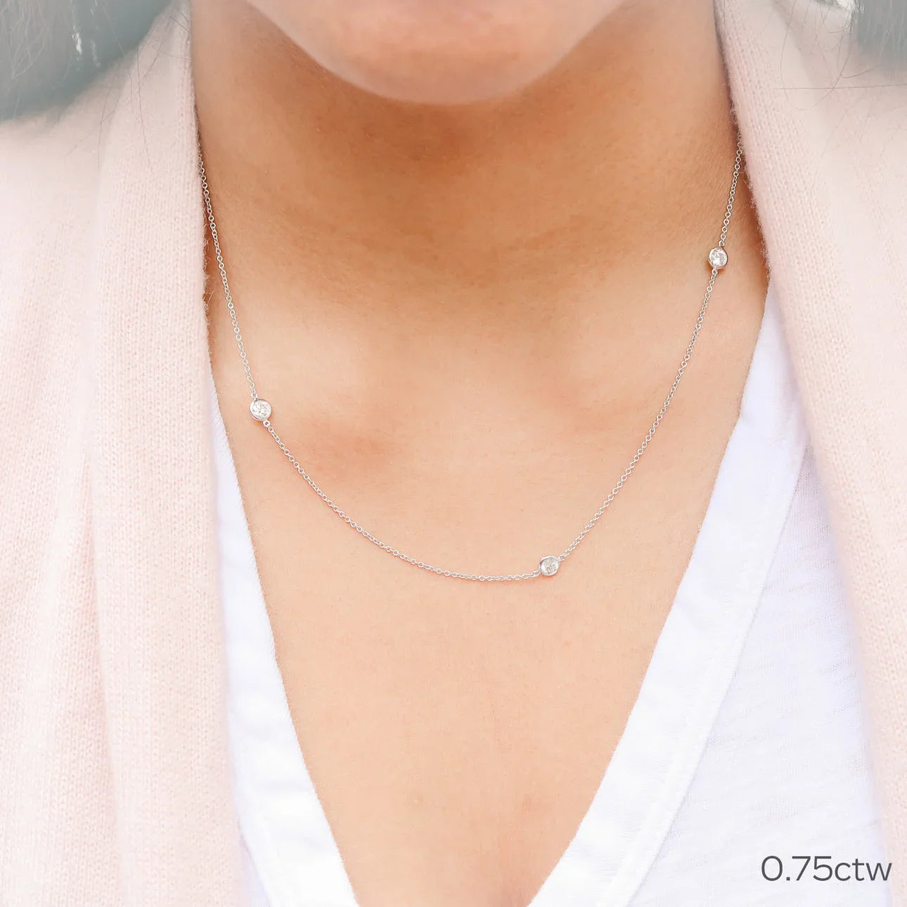 Round Lab Grown Diamond Triple Diamond Bezel Floating Cosmopolitan Necklace, EF Color, VS Clarity, IGI Certified