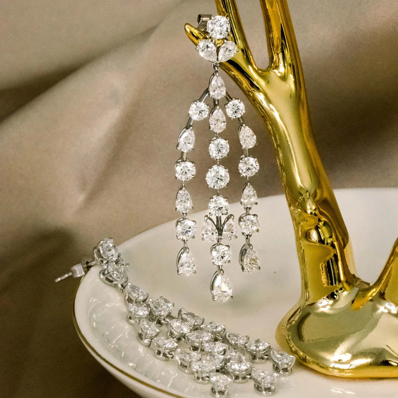 Round And Pear Three Strand Duet Earrings, EF Color, VS Clarity, IGI Certified, IGI Certified