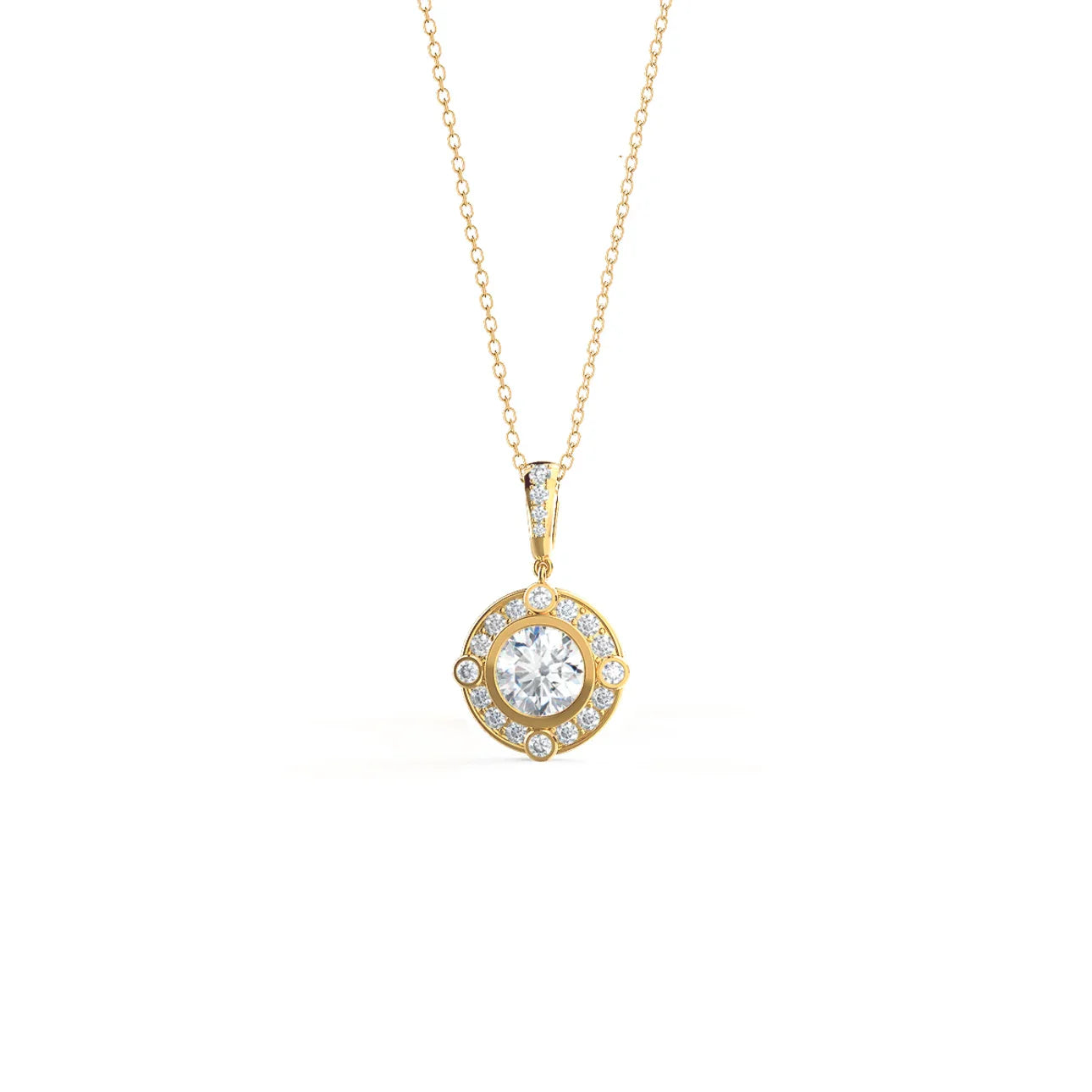 Round Lab Grown Diamond Bezel Set Halo Pendant With Chain, EF Color, VS Clarity, IGI Certified