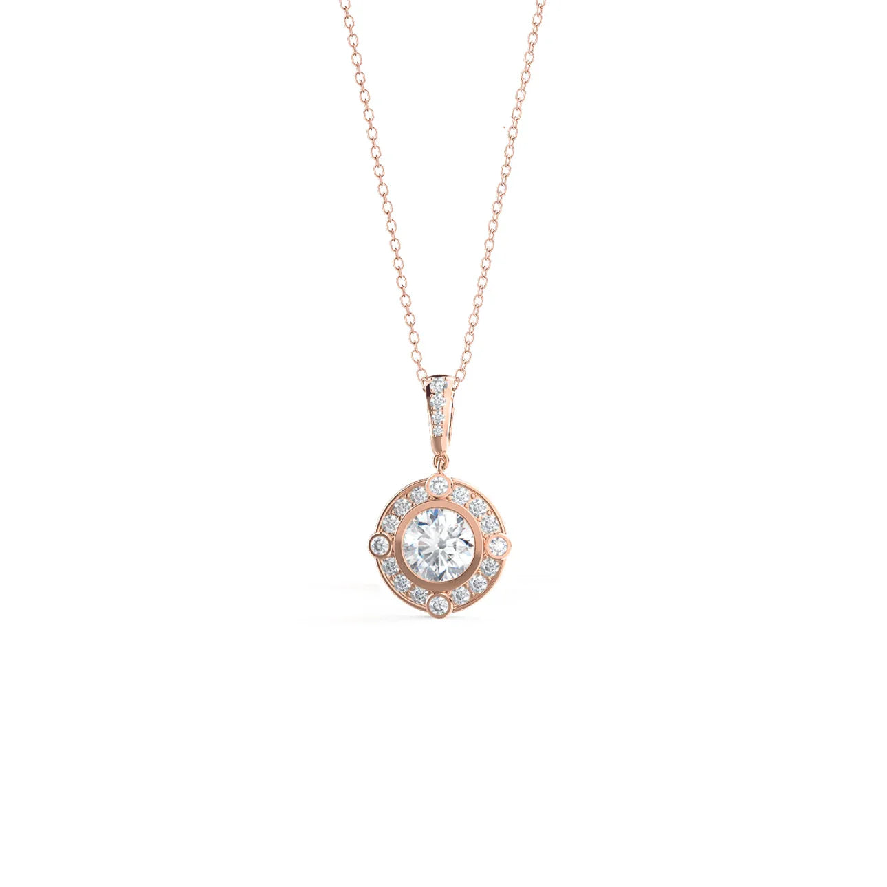 Round Lab Grown Diamond Bezel Set Halo Pendant With Chain, EF Color, VS Clarity, IGI Certified
