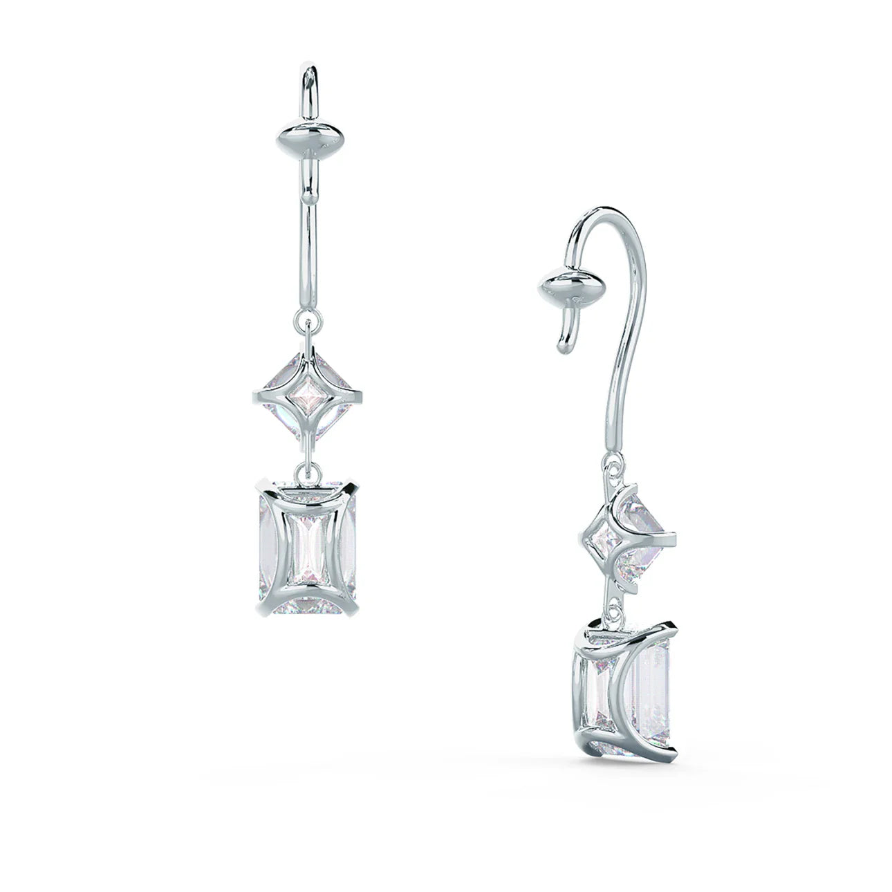 Emerald And Asscher Duet Drop Earrings, EF Color, VS Clarity, IGI Certified