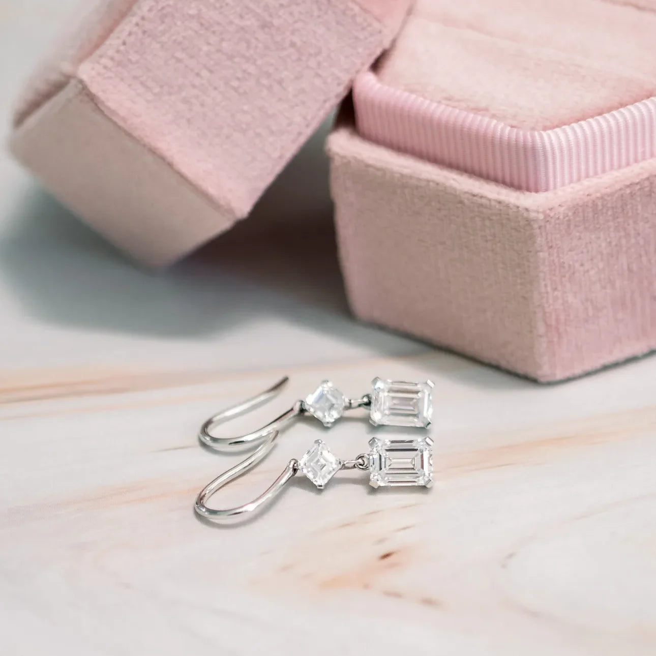 Emerald And Asscher Duet Drop Earrings, EF Color, VS Clarity, IGI Certified