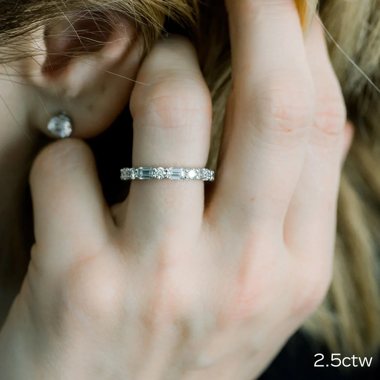 Emerald And Round Lab Grown Diamond East - West Eternity Band, EF Color, VS Clarity, IGI Certified Ring