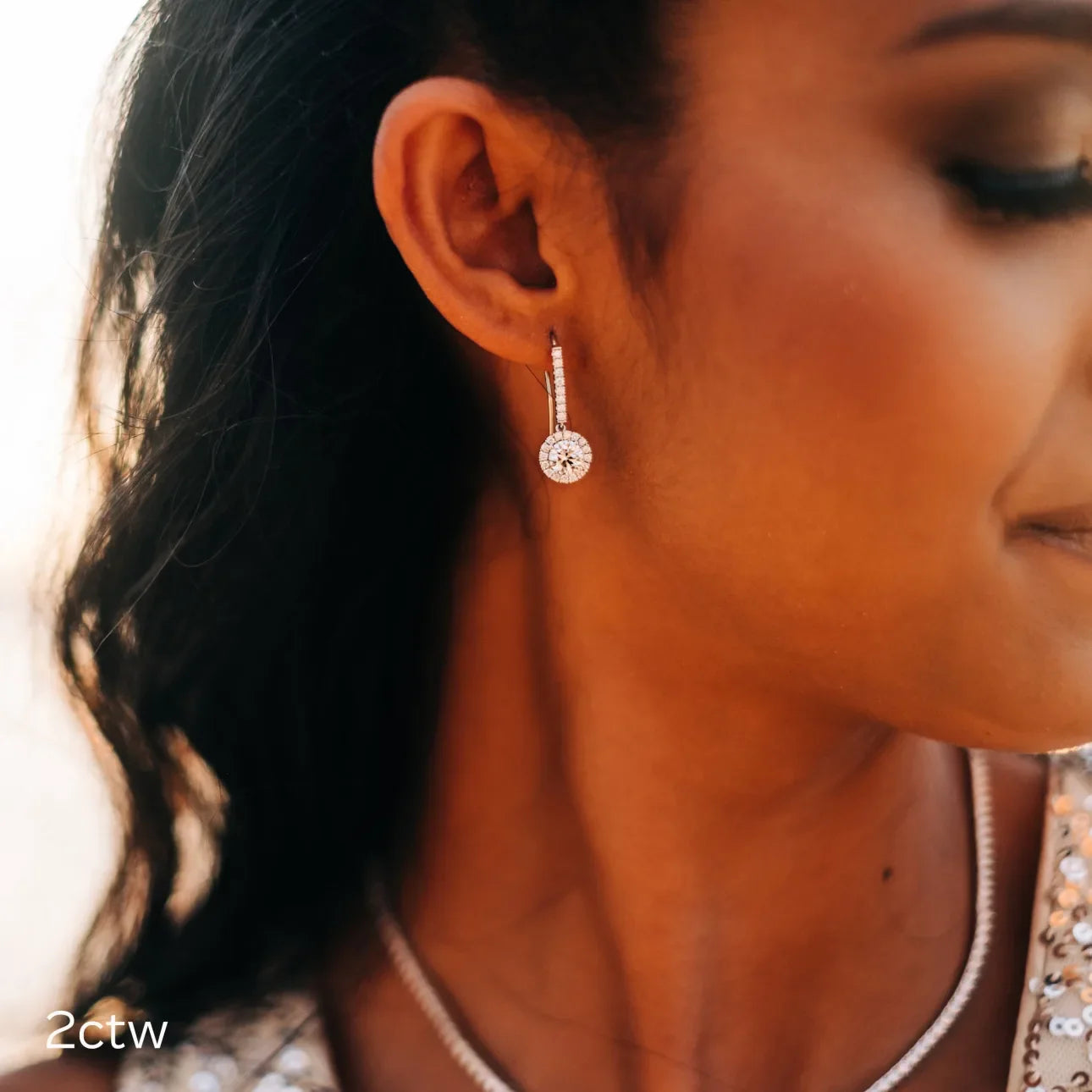 Round Lab Grown Diamond Heavenly Single Halo Drop Earrings, EF Color, VS Clarity, IGI Certified