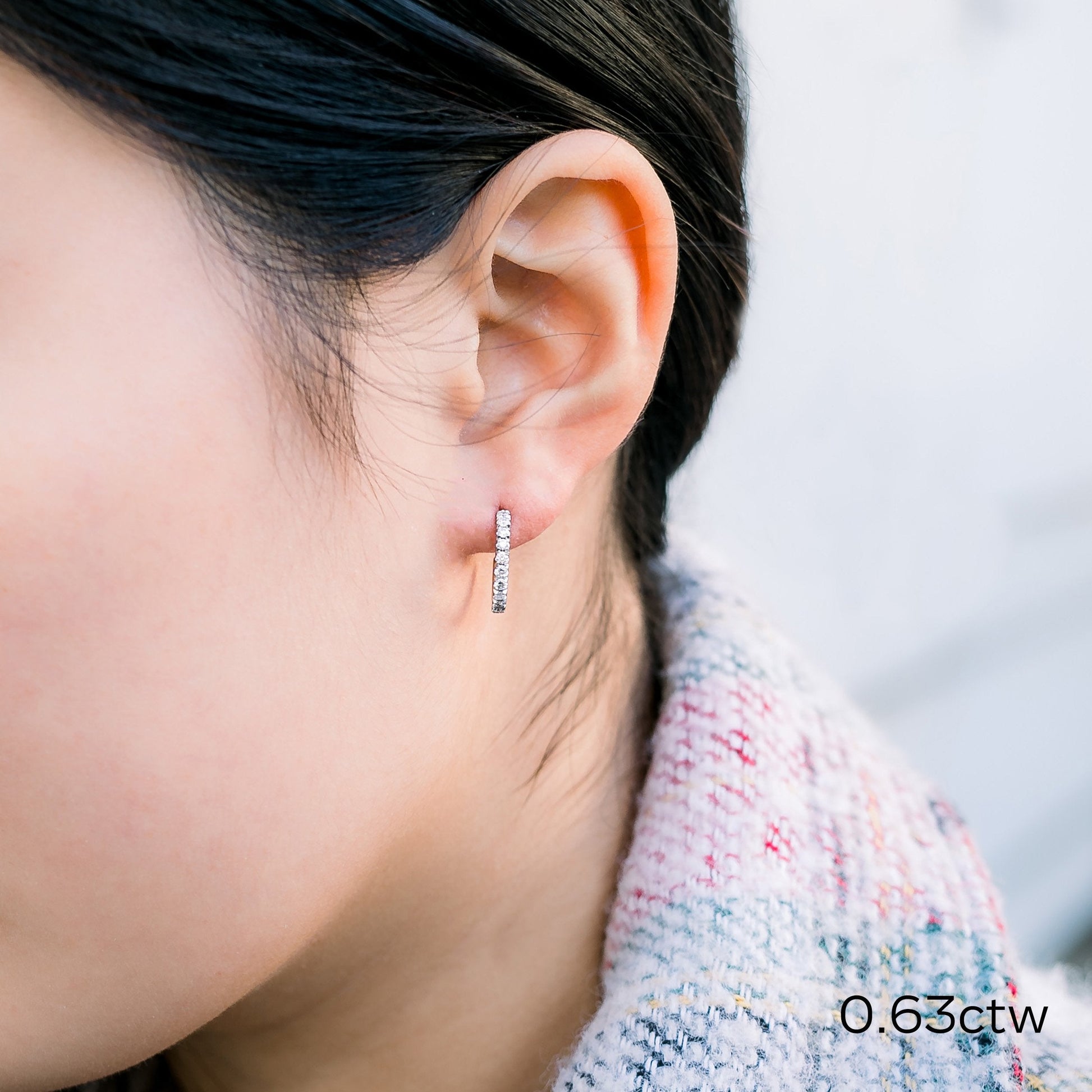 Round Lab Grown Diamond J Huggie Hoop Earrings, EF Color, VS Clarity, IGI Certified