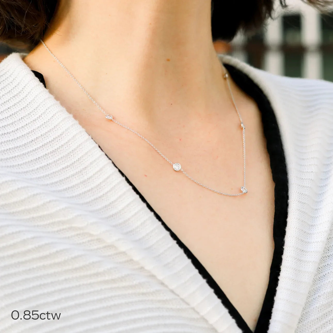 Five Round Lab Grown Dimaond Bezel Set Floating Cosmopolitan Necklace, EF Color, VS Clarity, IGI Certified