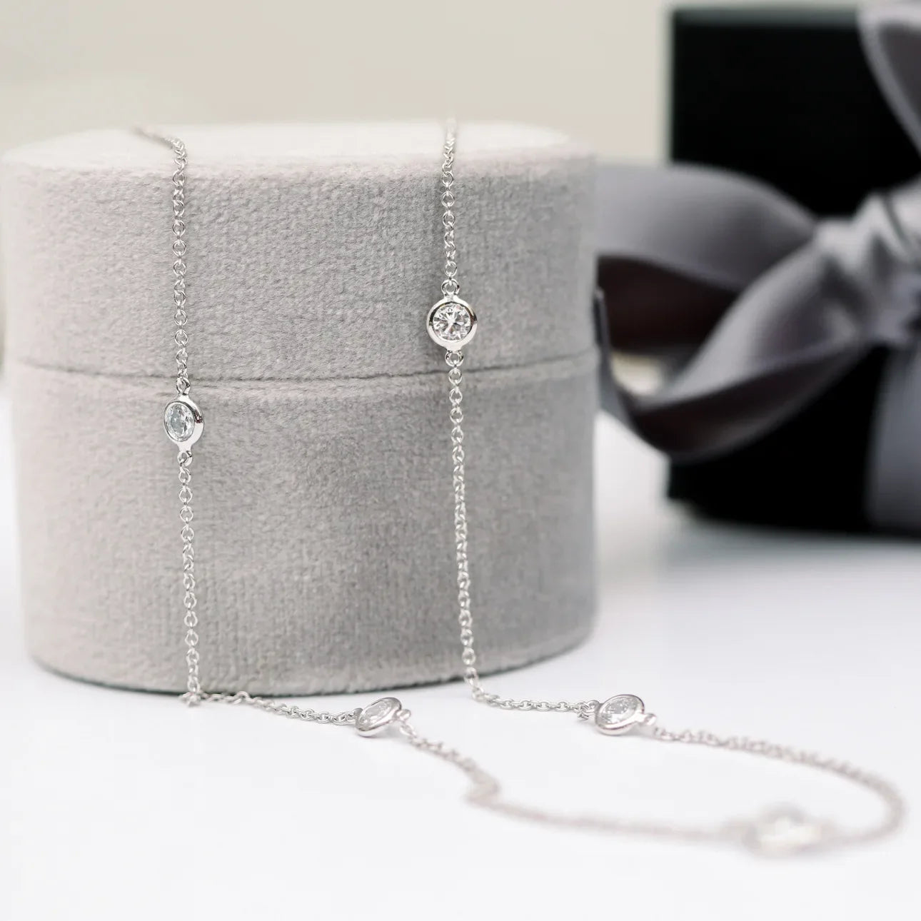 Five Round Lab Grown Dimaond Bezel Set Floating Cosmopolitan Necklace, EF Color, VS Clarity, IGI Certified