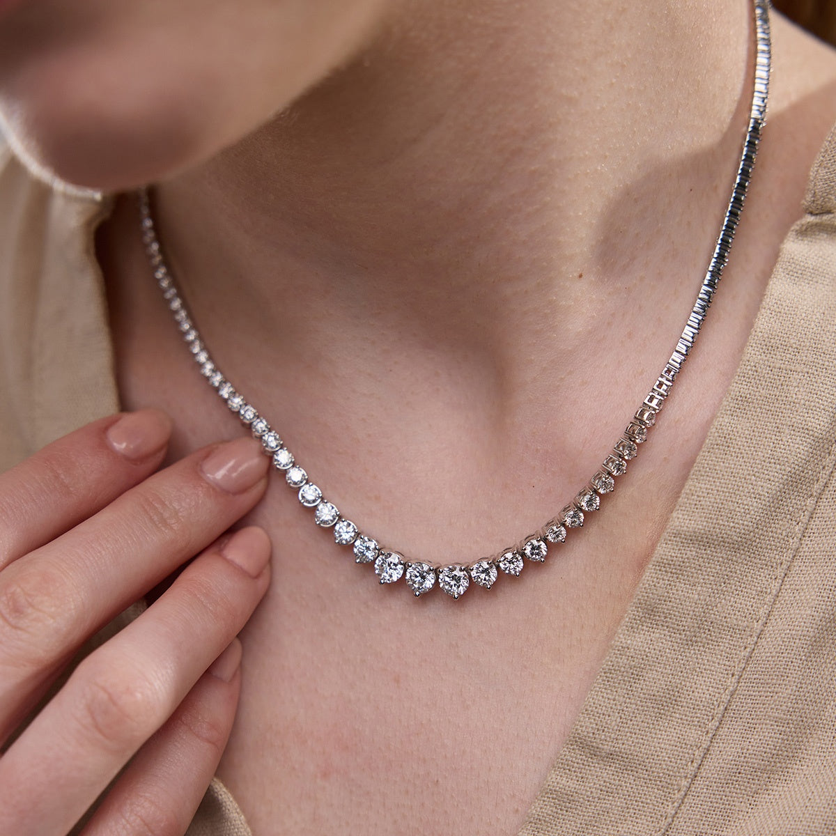 Round Lab Grown Diamond Tennis Necklace, EF Color, VS Clarity, IGI Certified