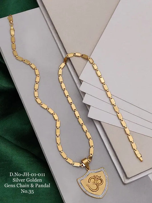 Triangular Om Design Gold Plated Pendant With chain Anti Tarnish & Waterproof Chain For Men