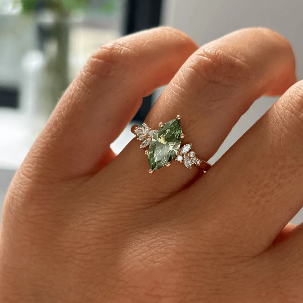 Common :: green marquise lab grown diamond cluster ring luxury engagement ring
