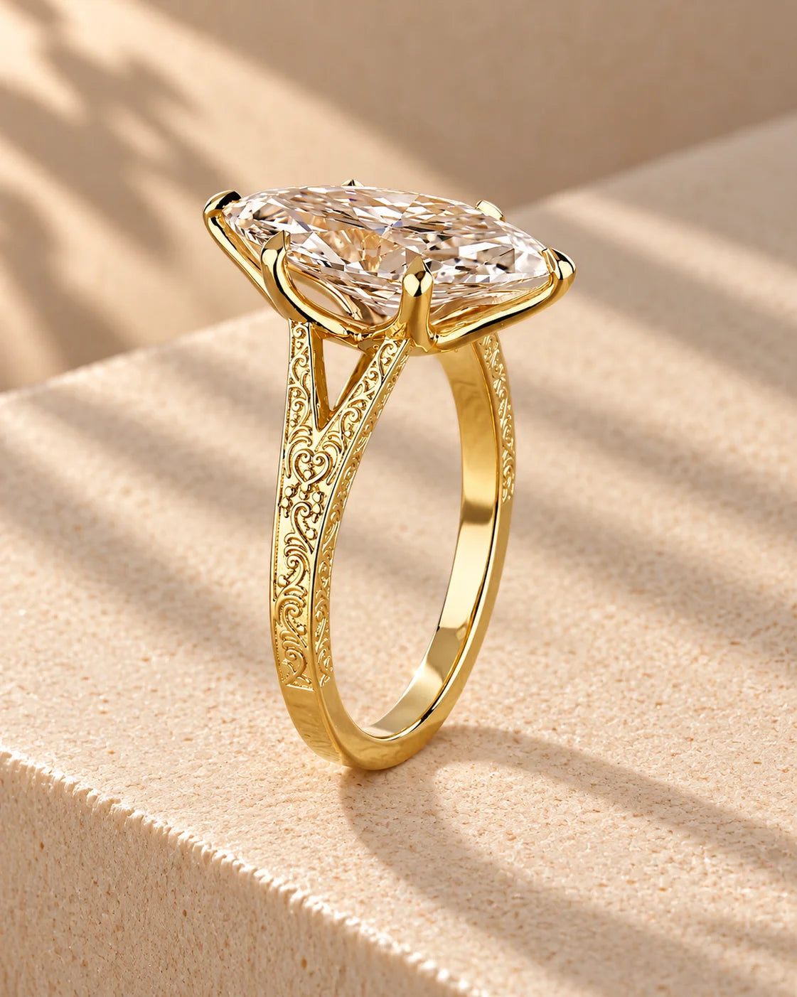 Common :: Vintage Marquise solitaire engagement ring with decorative scroll shoulders