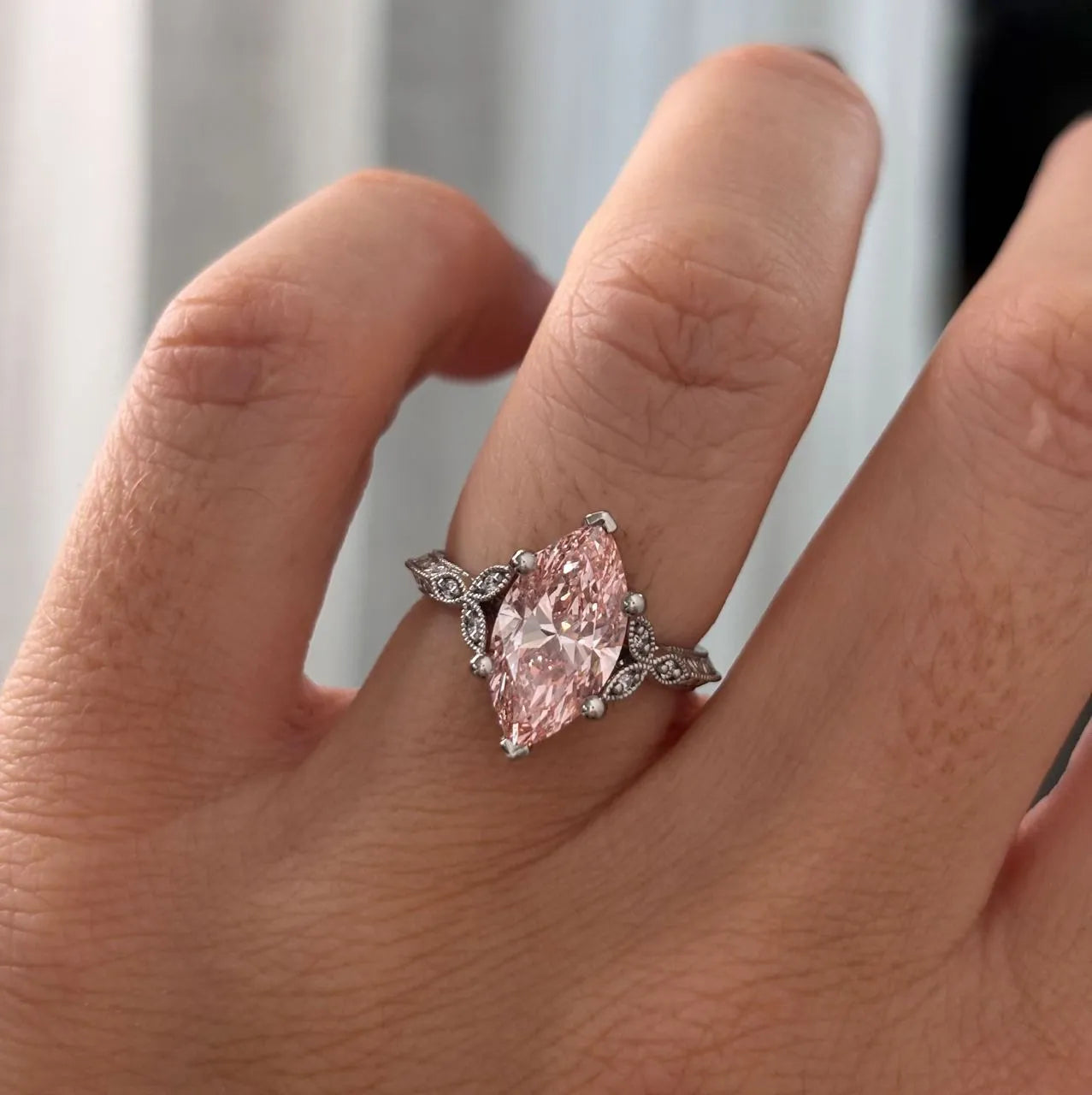 Common :: fancy pink marquise cut lab grown diamond engagement ring vintage style IGI certified
