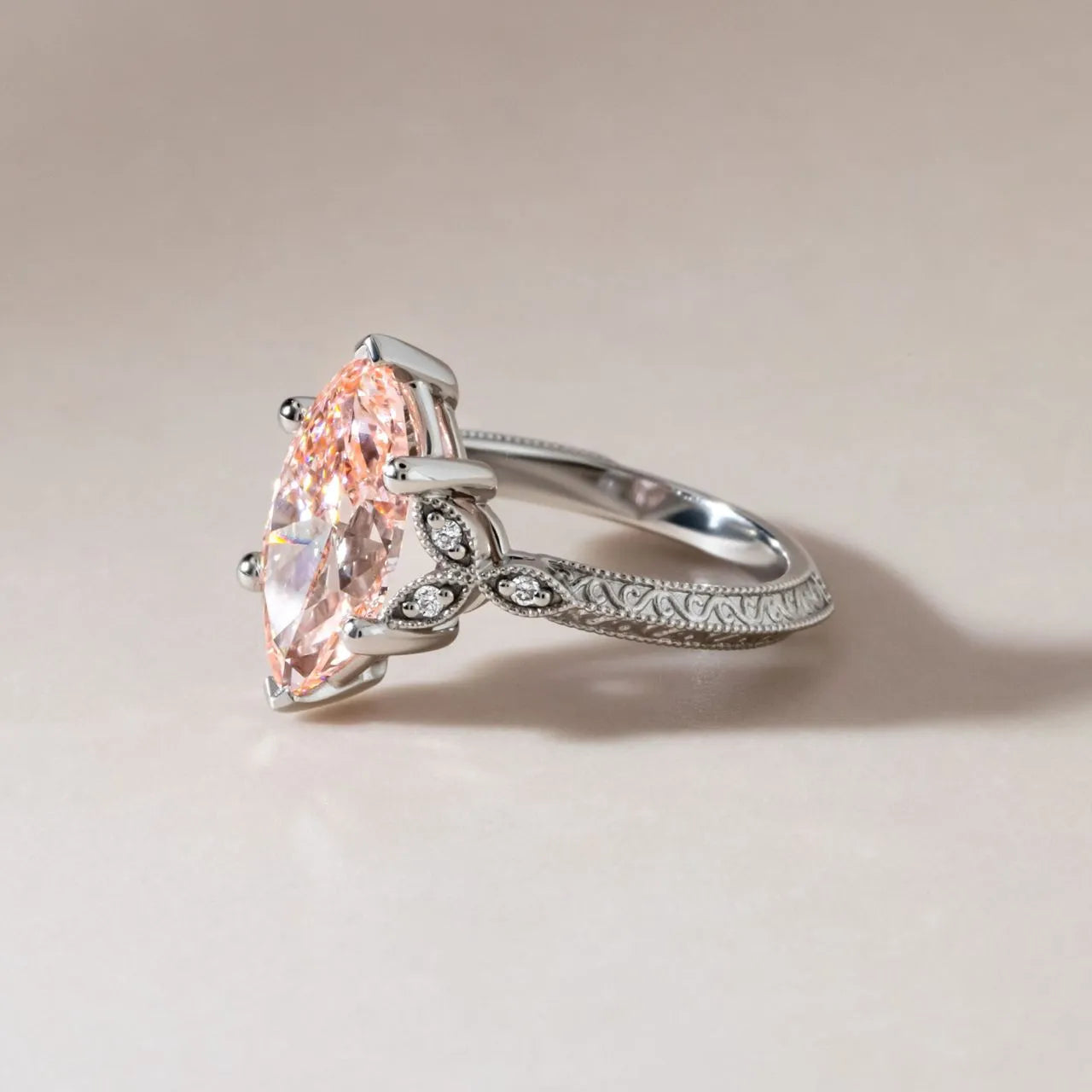 Common :: close up pink marquise diamond ring vintage setting lab grown engagement ring