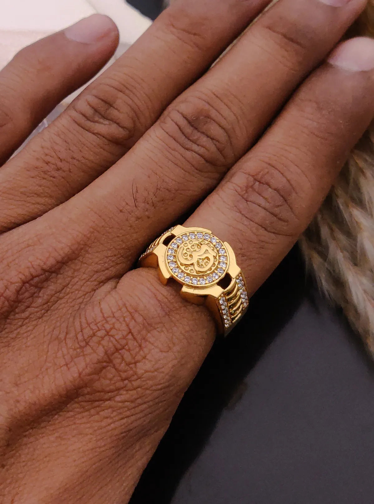 Mens 1 Gram Gold Om Ring with Round Stone Halo & Designer Side Band