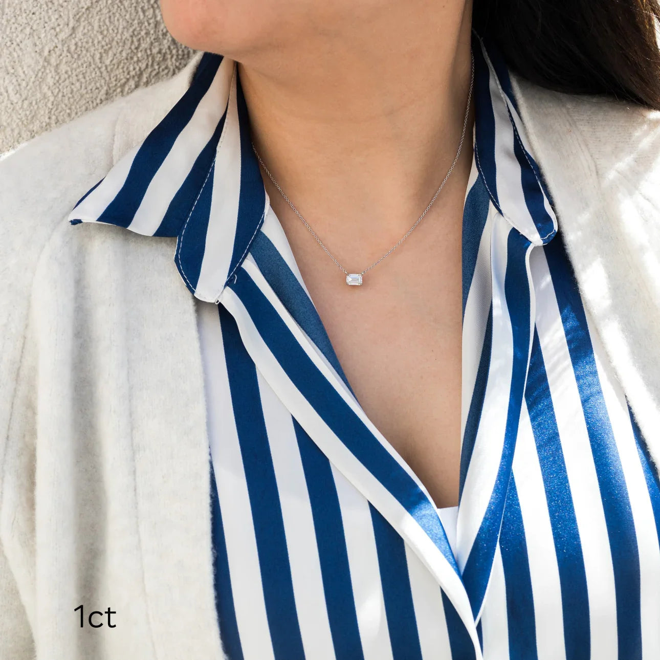 East - West Emerald Lab Grown Diamond Pendant With Chain, EF Color, VS Clarity, IGI Certified