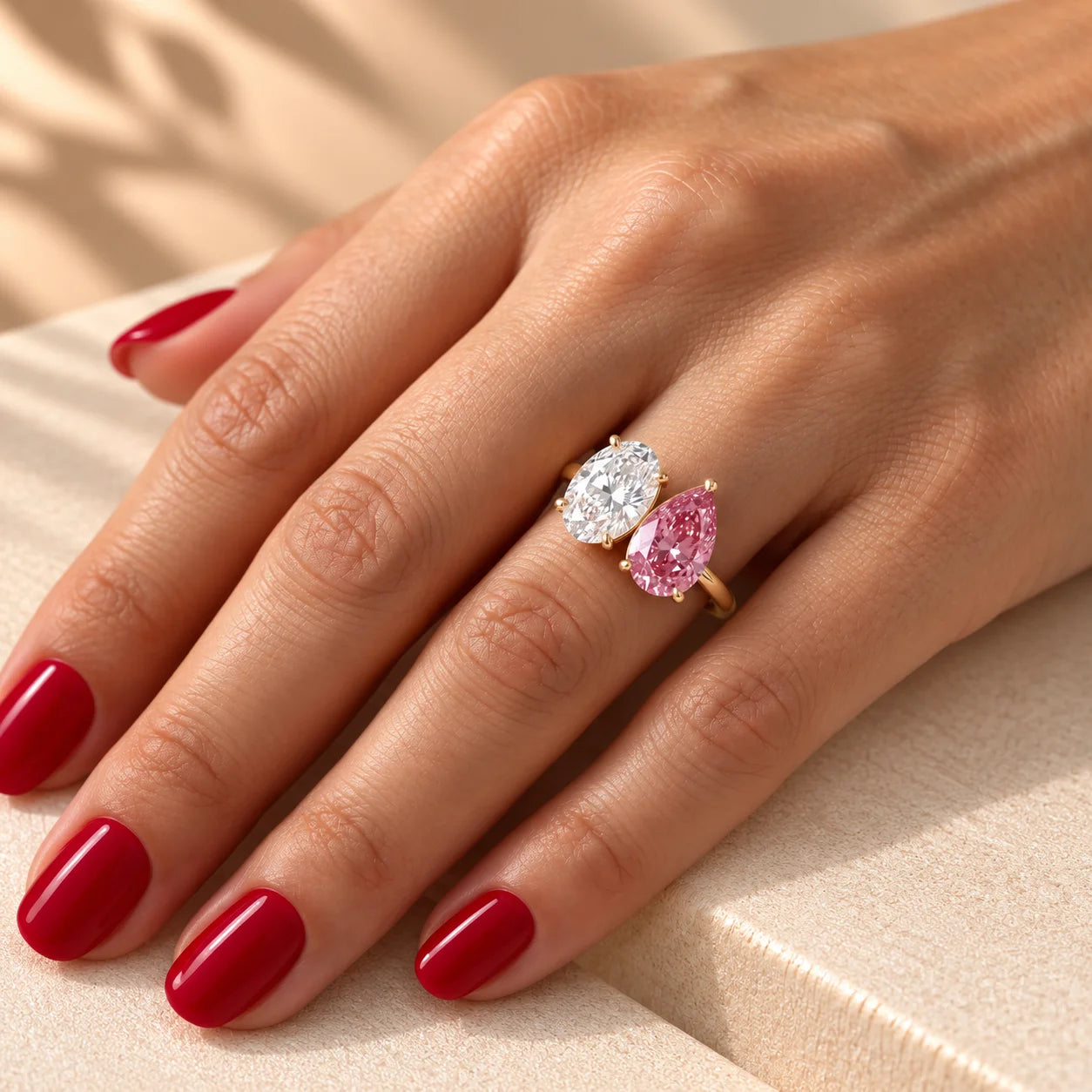 Common :: 1CT Oval and 1CT Pink Pear Lab Grown Diamond Toi Et Moi Ring