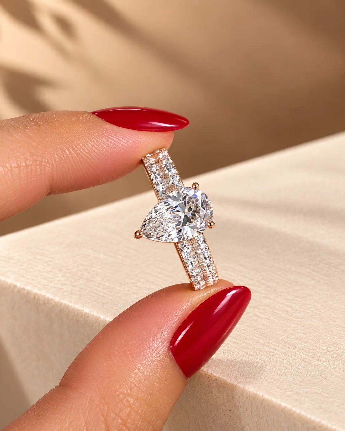 Common :: Pear center diamond ring with Emerald cut lab grown diamond sides