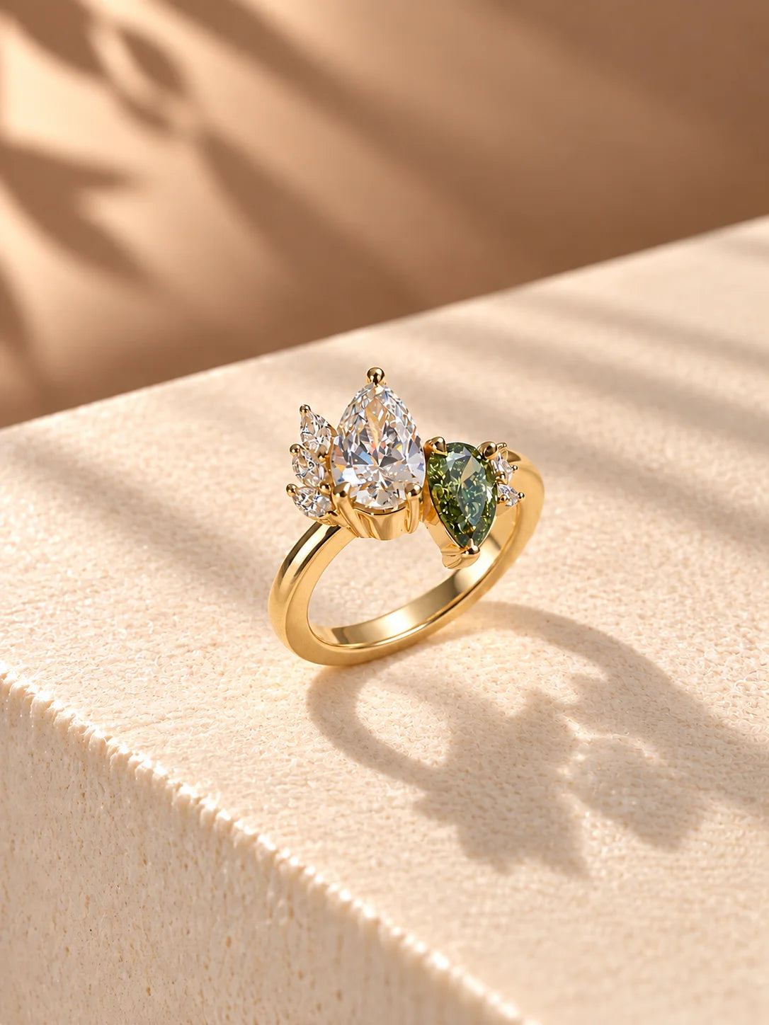 Common :: Double Pear lab grown diamond Toi Et Moi ring with Green diamond