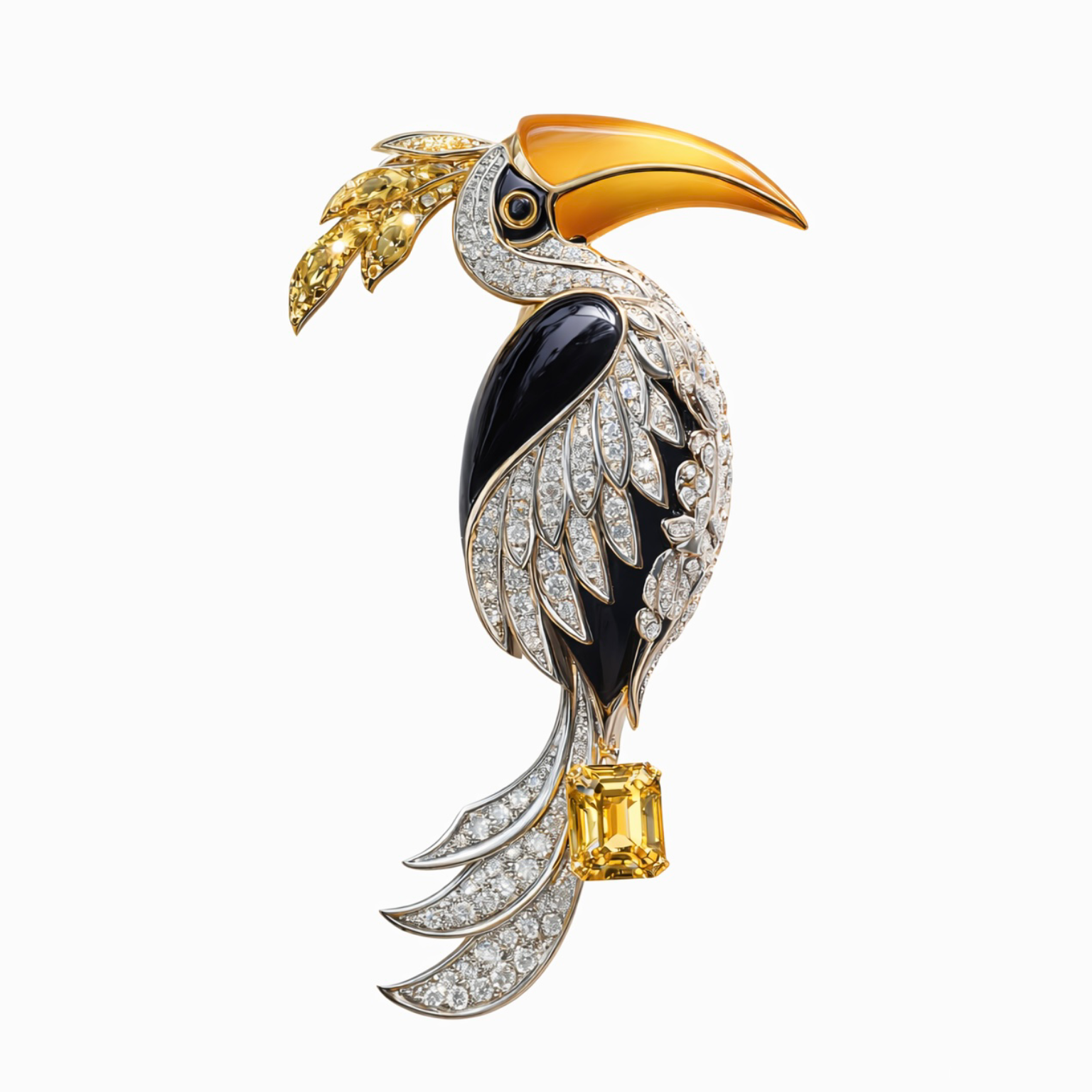 Toucan Royale Lab Grown Diamond Brooch | IGI Certified EF VVS-VS | 9KT Yellow Gold Luxury Statement Pin