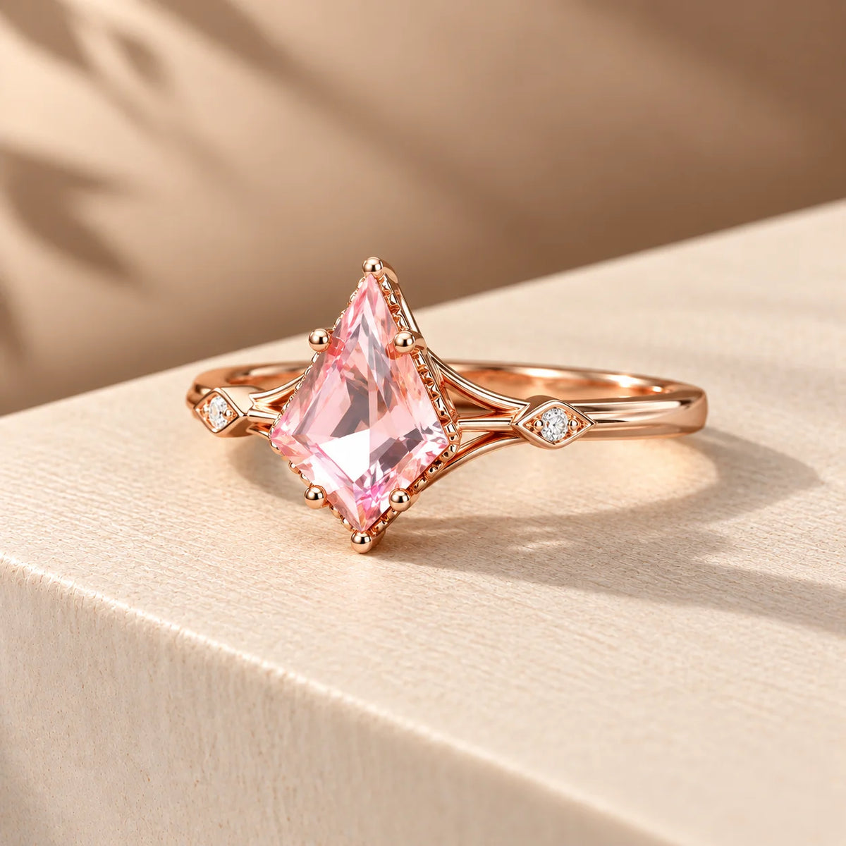 Common :: IGI certified Pink Kite Cut Three Stone Diamond Engagement Ring