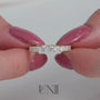 Yellow :: Classic 2ct round lab grown diamond eternity ring in yellow gold featuring IGI certified diamonds. A timeless full band with trellis setting that enhances brilliance and creates an elegant woven side profile.