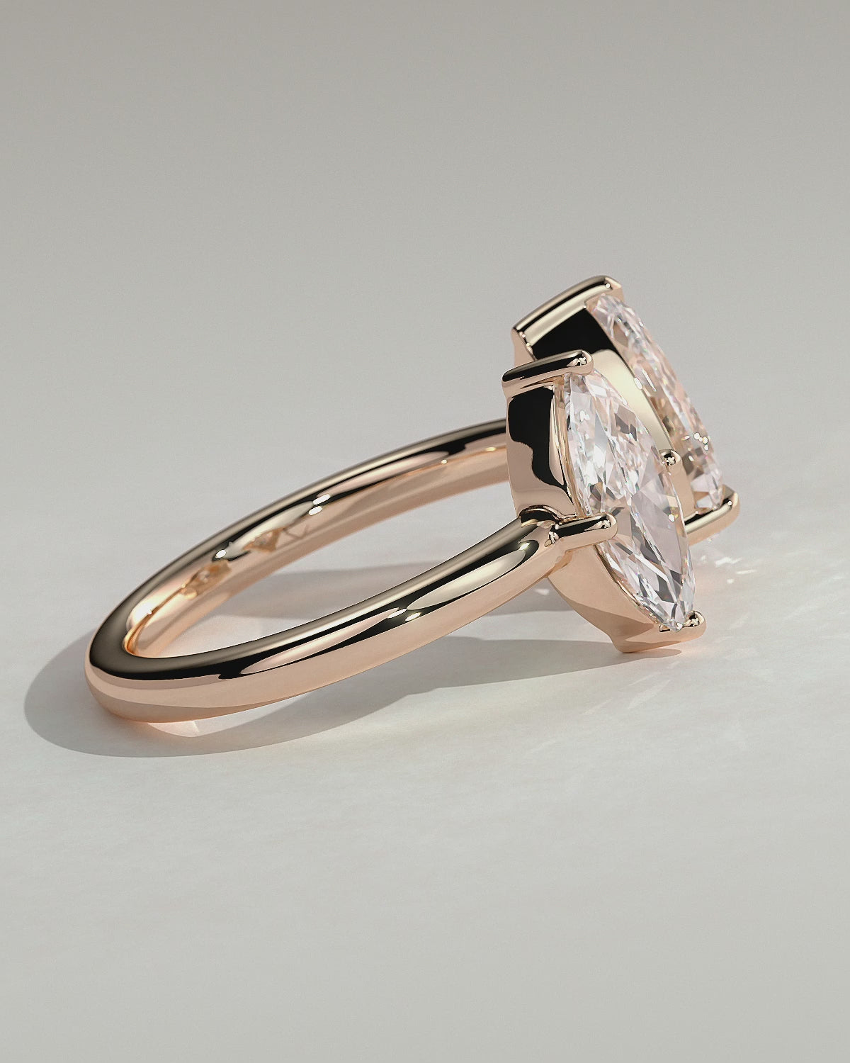 Rose :: Velentora 1.15ct marquise and 1.65ct pear toi et moi lab grown diamond engagement ring 360 view rose gold IGI certified two stone ring