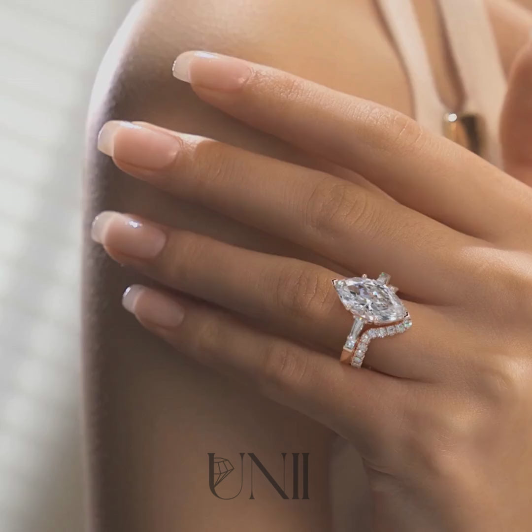 Rose :: marquise lab grown diamond three stone engagement ring side view brilliance luxury bridal ring video