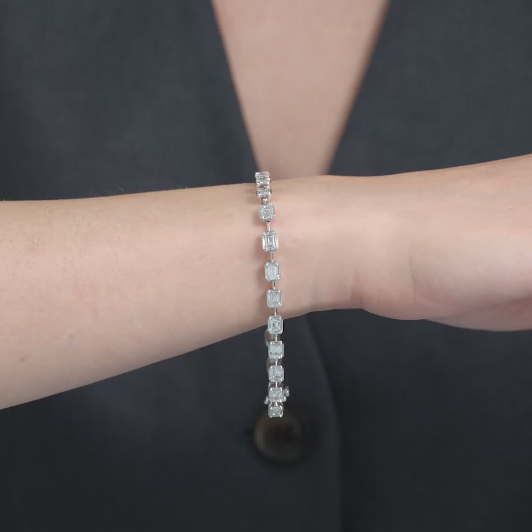 common :: 8.5 carat east west emerald lab grown diamond tennis bracelet bezel setting IGI certified white yellow rose