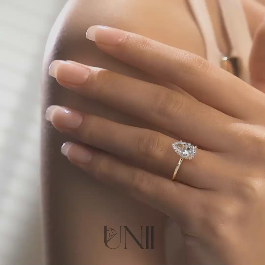 Yellow :: Zenviquea pear hidden halo lab grown diamond engagement ring sparkle close up IGI certified video
