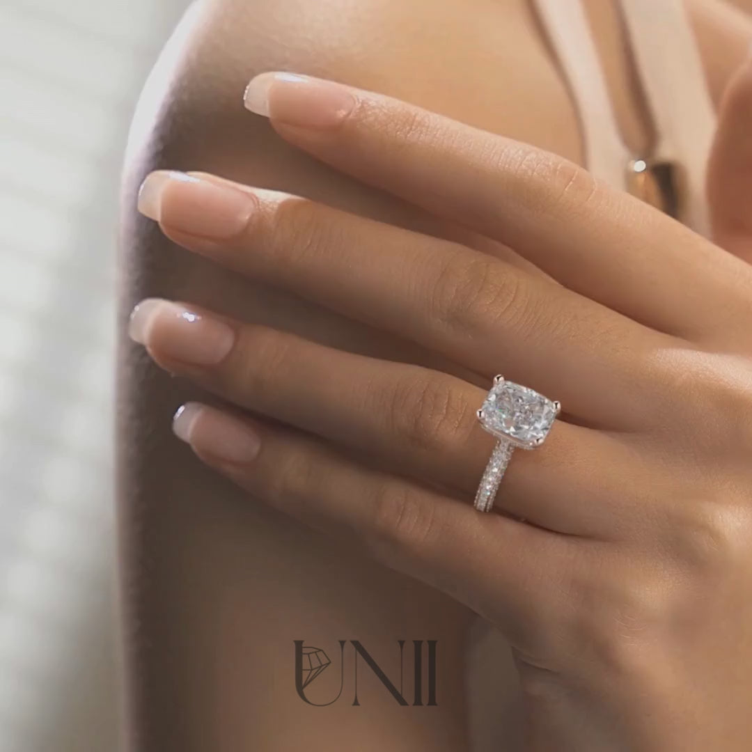 Rose :: radiant cut lab grown diamond engagement ring hidden halo design side view brilliance bridal ring video