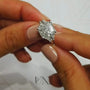 common :: radiant cut lab grown diamond three stone engagement ring with side stones