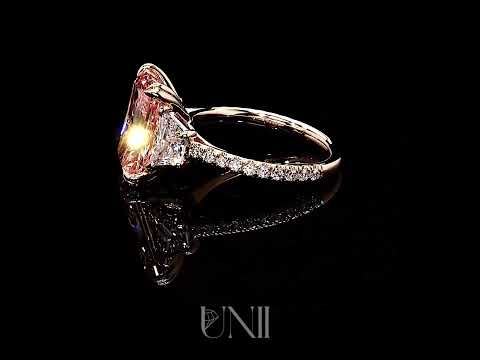 Common :: Belune 5.06 carat pink radiant three stone lab grown diamond engagement ring IGI certified full ring video fancy pink diamond