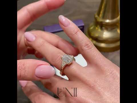 Common :: Virellea emerald cut three stone lab grown diamond engagement ring sparkle close up IGI certified video